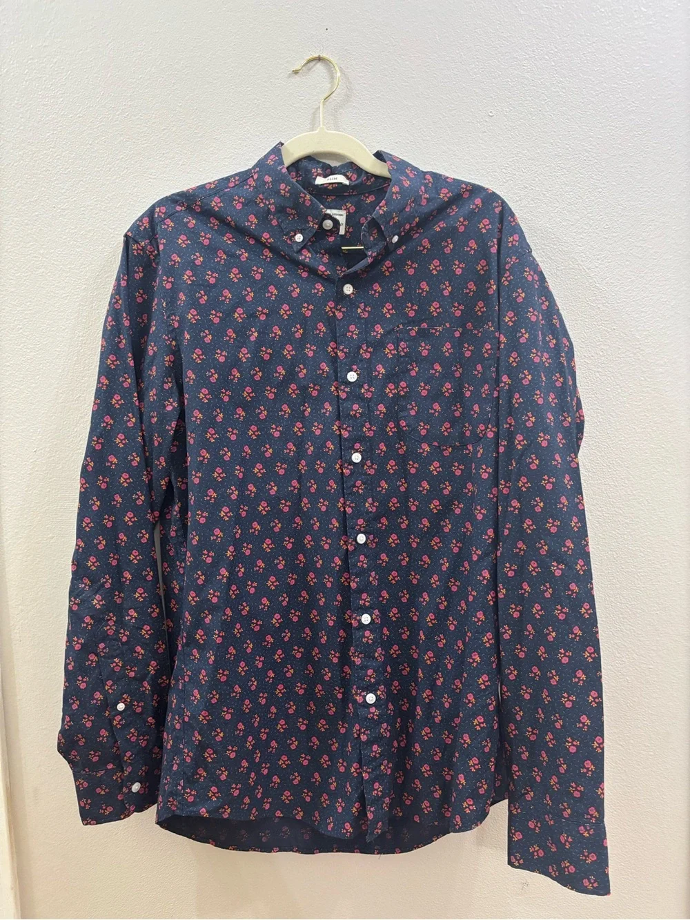 J. Crew Navy Button-Down Shirt with Pink Floral Print slim